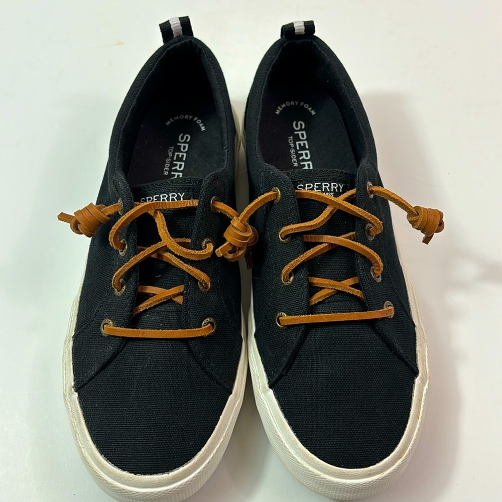 Sperry black canvas shoes w leather ties, size 8.5, EUC